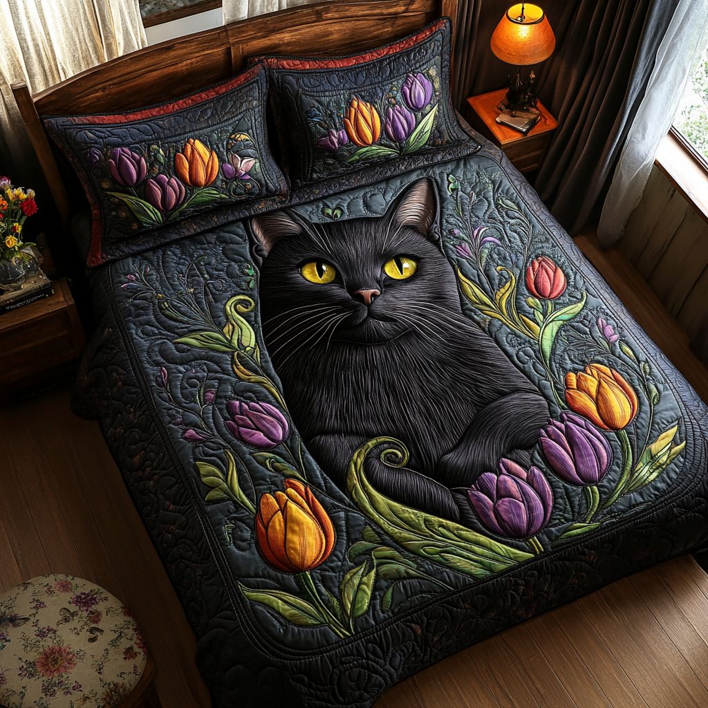Black Cat Nights quilted 3-piece bedding set on a made bed with two matching pillow shams