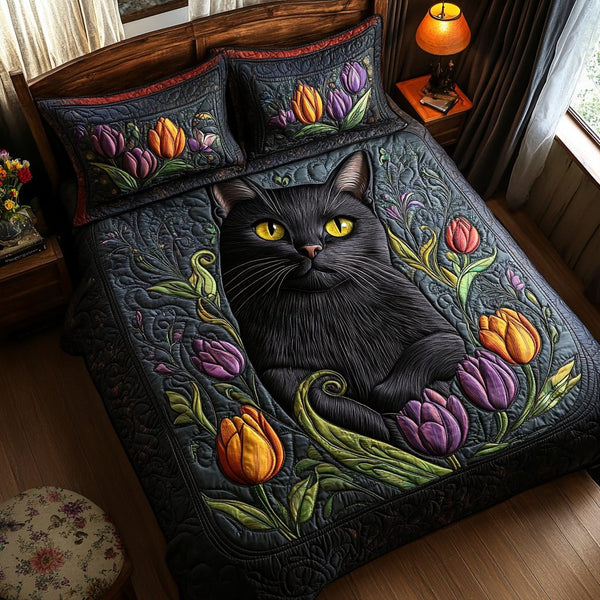 Black Cat Nights quilted 3-piece bedding set on a made bed with two matching pillow shams