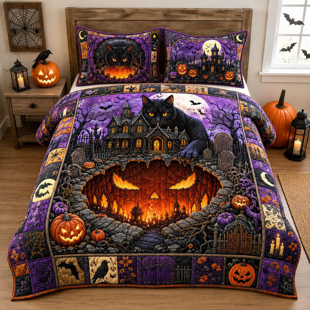 Black Cat Pumpkin Graveyard quilted 3-piece bedding set on a made bed against a dark styled interior
