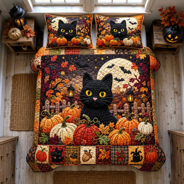 Black Cat Pumpkin Night quilted 3-piece bedding set on a made bed against a dark styled interior