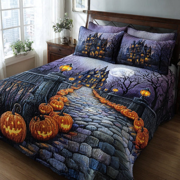 Black Cat Pumpkin quilted 3-piece bedding set on a made bed against a dark styled interior