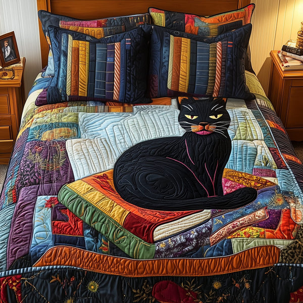Black Cat quilted 3-piece bedding set on a made bed with two matching pillow shams