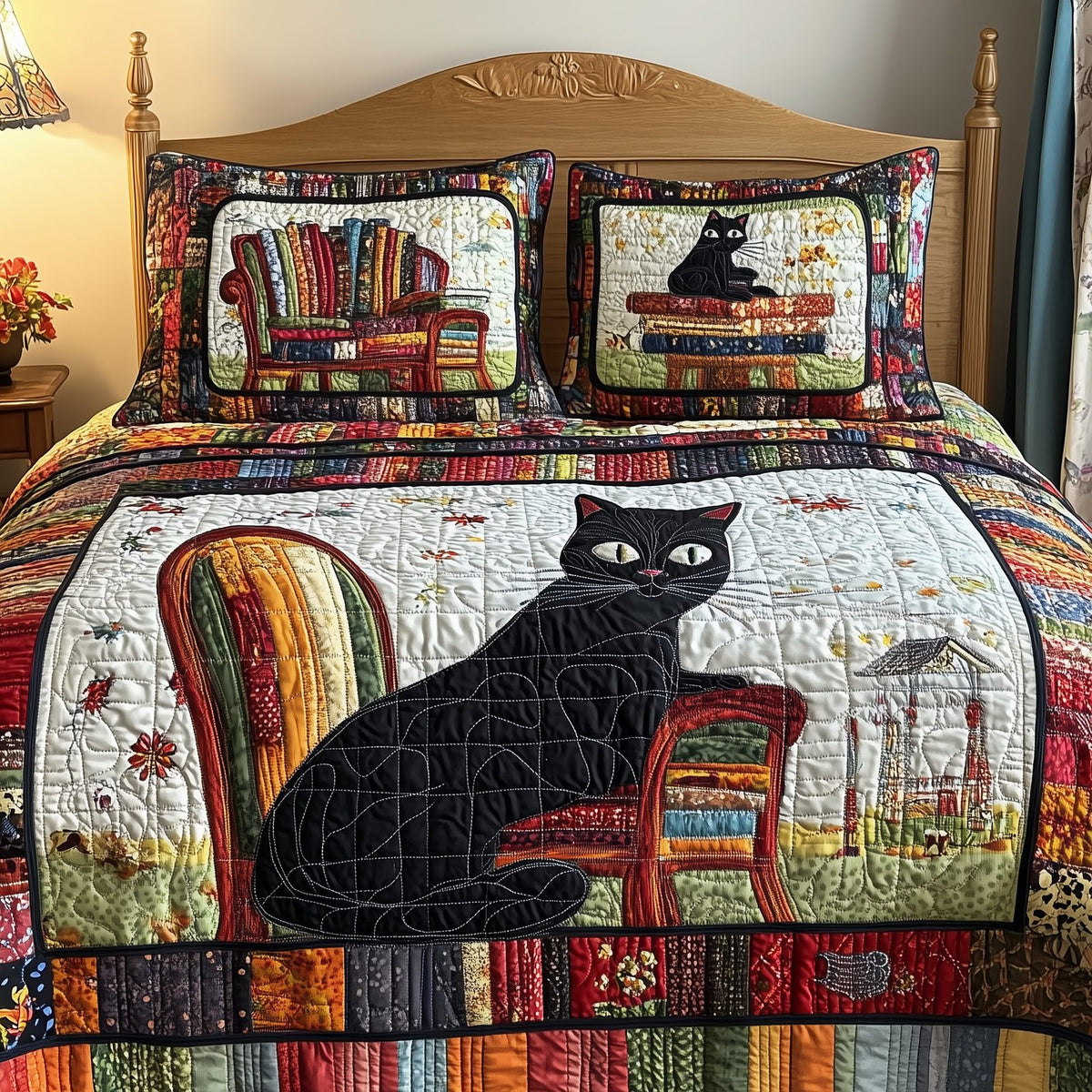 Black Cat quilted 3-piece bedding set on a made bed with two matching pillow shams