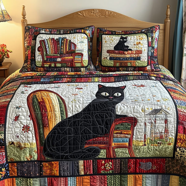 Black Cat quilted 3-piece bedding set on a made bed with two matching pillow shams