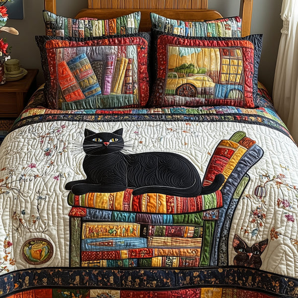 Black Cat quilted 3-piece bedding set on a made bed with two matching pillow shams