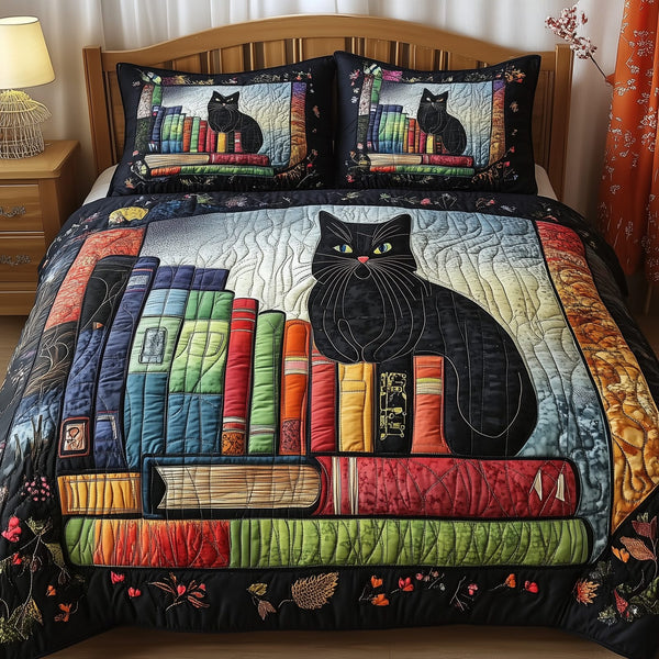 Black Cat quilted 3-piece bedding set on a made bed with two matching pillow shams