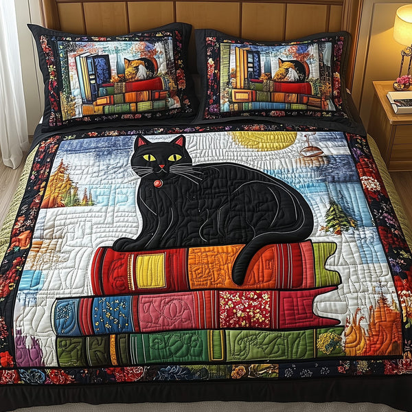 Black Cat quilted 3-piece bedding set on a made bed with two matching pillow shams