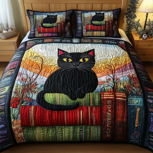 Black Cat quilted 3-piece bedding set on a made bed with two matching pillow shams
