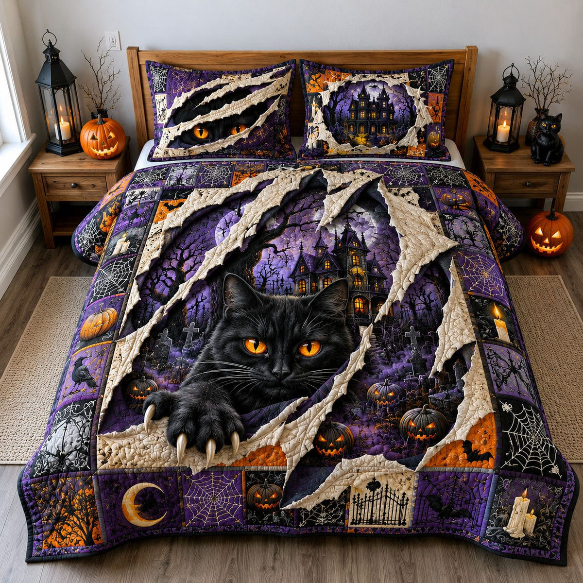 Black Cat Ripped Halloween quilted 3-piece bedding set on a made bed against a dark styled interior