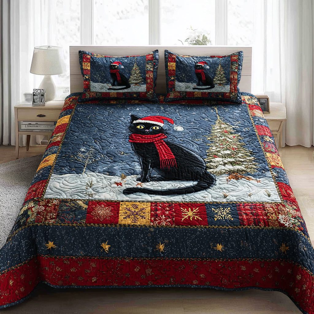 Black Cat Snowfall quilted 3-piece bedding set on a made bed with two matching pillow shams
