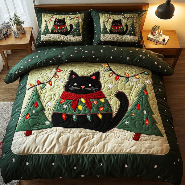Black Cat Star quilted 3-piece bedding set on a made bed with two matching pillow shams
