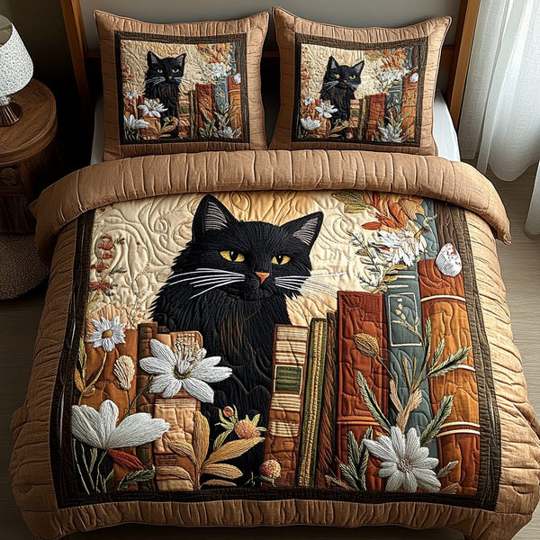 Black Cat Tales quilted 3-piece bedding set on a made bed with two matching pillow shams