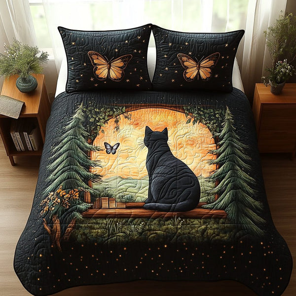 Black Cat Window quilted 3-piece bedding set on a made bed with two matching pillow shams