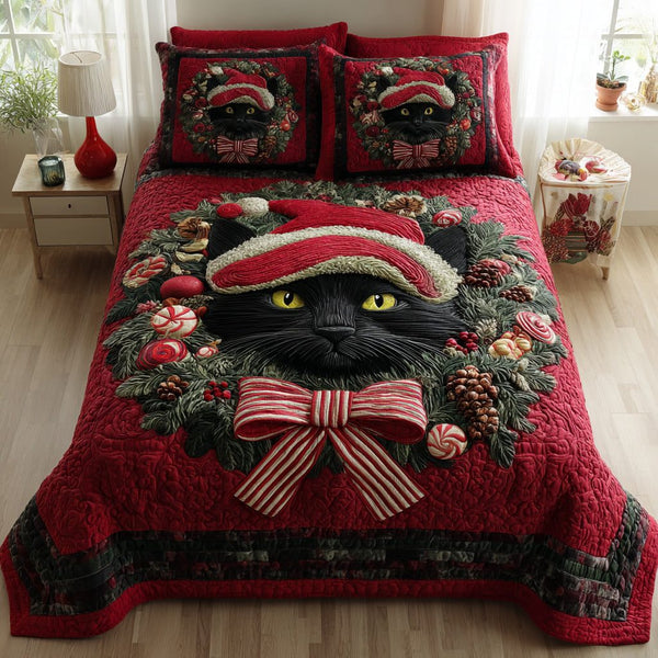 Black Cat Wreath quilted 3-piece bedding set on a made bed in a winter-styled bedroom