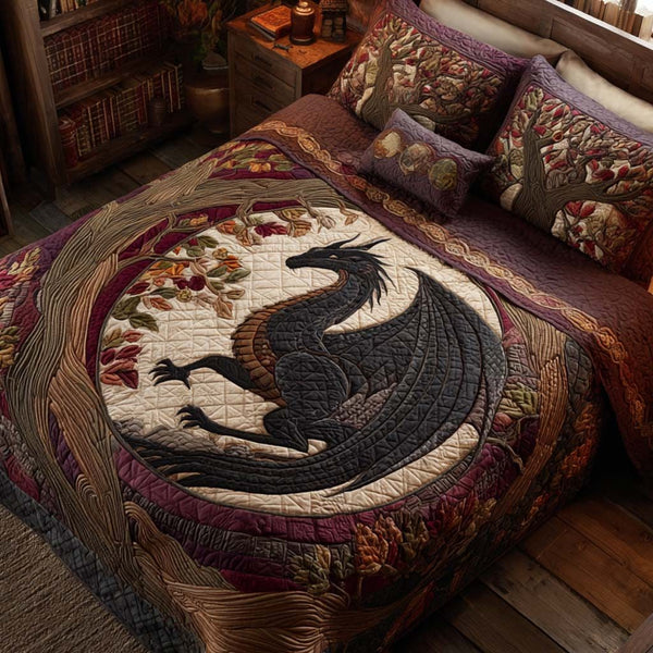 Black Dragon Library quilted 3-piece bedding set on a made bed with two matching pillow shams