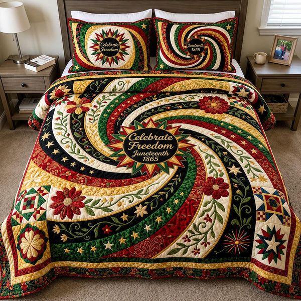 Black Freedom quilted 3-piece bedding set on a made bed in a warmly lit bedroom