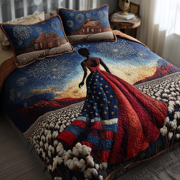 Black History quilted 3-piece bedding set on a made bed with two matching pillow shams