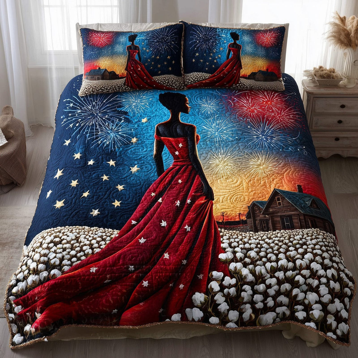 Black History quilted 3-piece bedding set on a made bed with two matching pillow shams