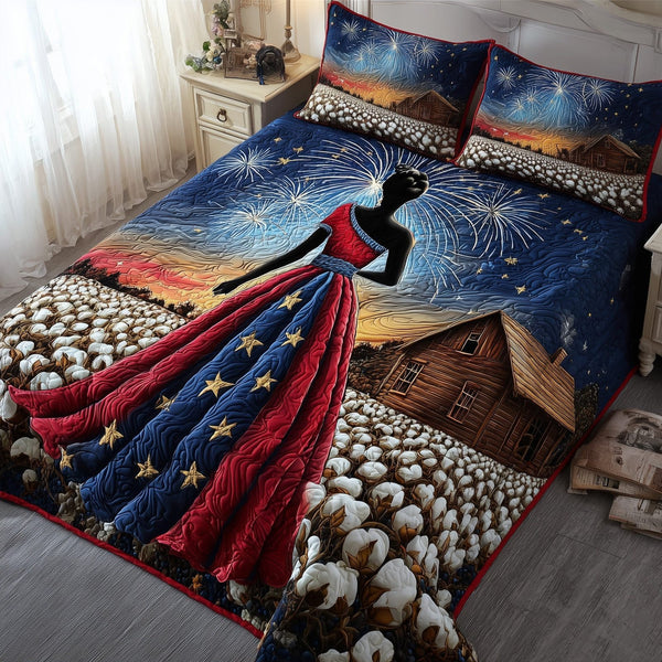 Black History quilted 3-piece bedding set on a made bed with two matching pillow shams