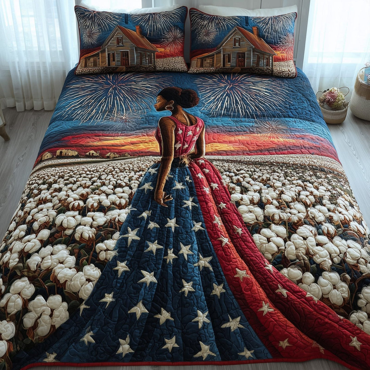Black History quilted 3-piece bedding set on a made bed with two matching pillow shams