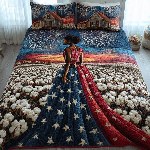 Black History quilted 3-piece bedding set on a made bed with two matching pillow shams