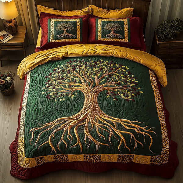 Black History Tree quilted 3-piece bedding set on a made bed with two matching pillow shams