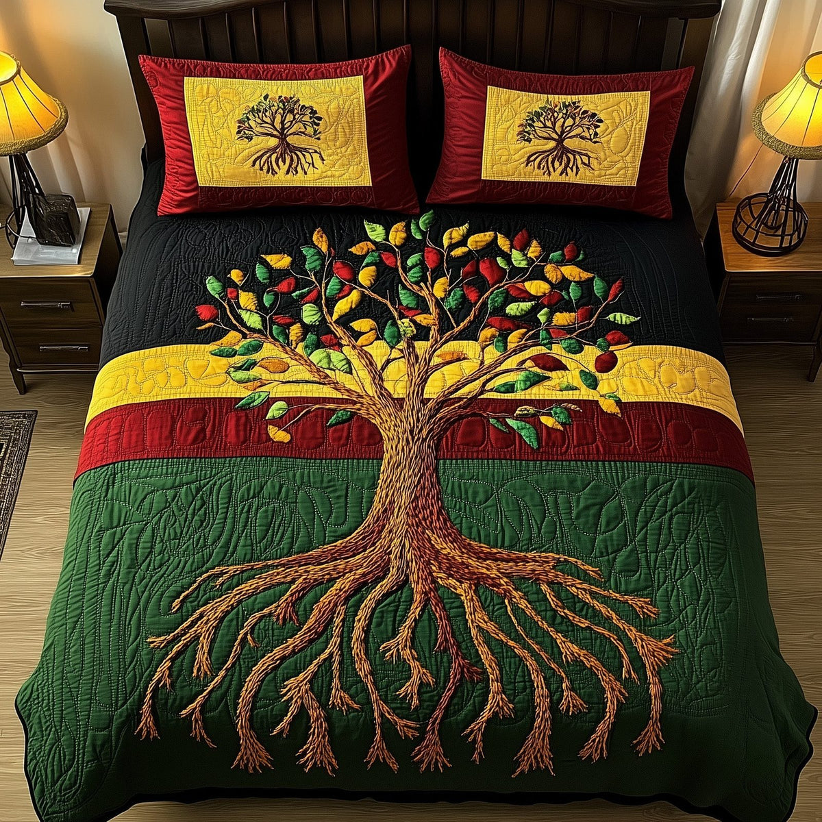 Black History Tree quilted 3-piece bedding set on a made bed with two matching pillow shams