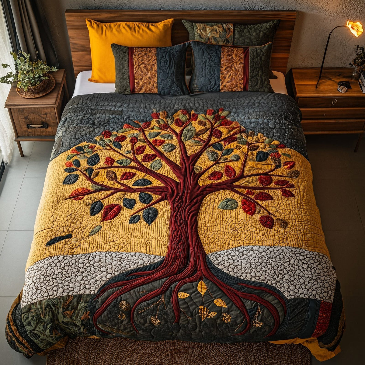 Black History Tree quilted 3-piece bedding set on a made bed with two matching pillow shams