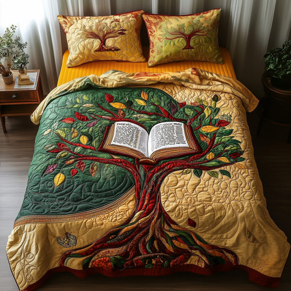 Black History Tree quilted 3-piece bedding set on a made bed with two matching pillow shams