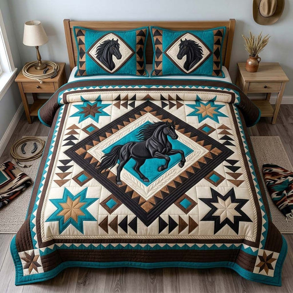 Black Horse Star quilted 3-piece bedding set on a made bed in a rustic timber bedroom