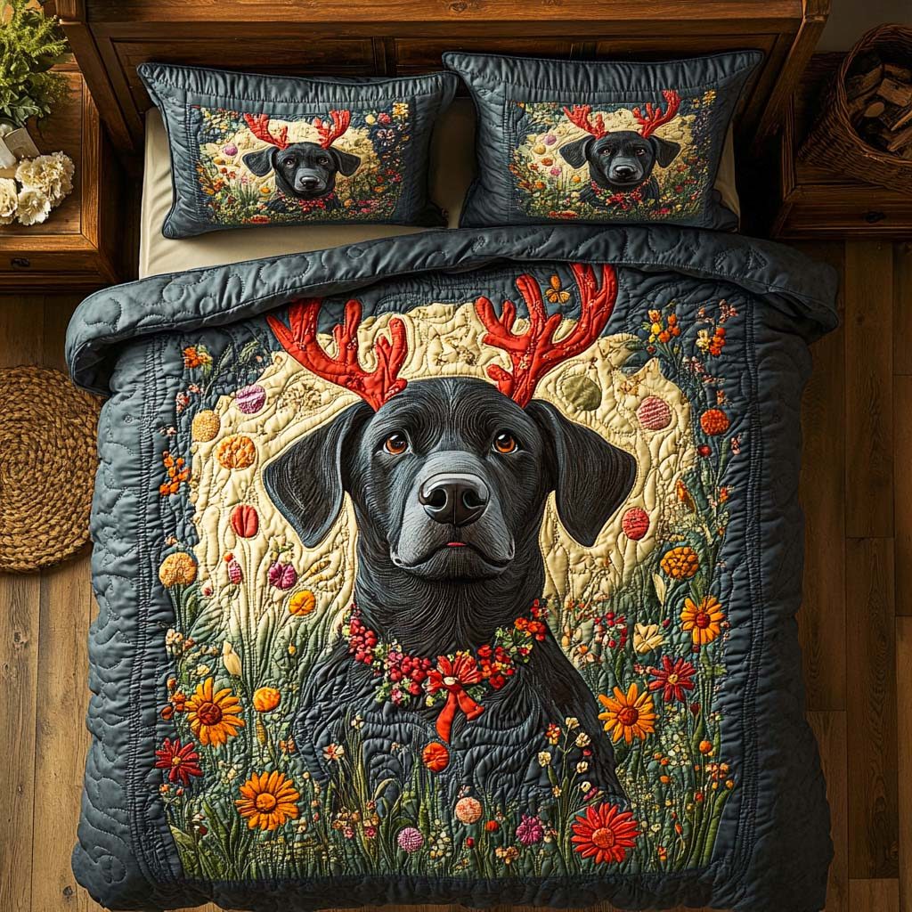 Black Lab Smile quilted 3-piece bedding set on a made bed with two matching pillow shams