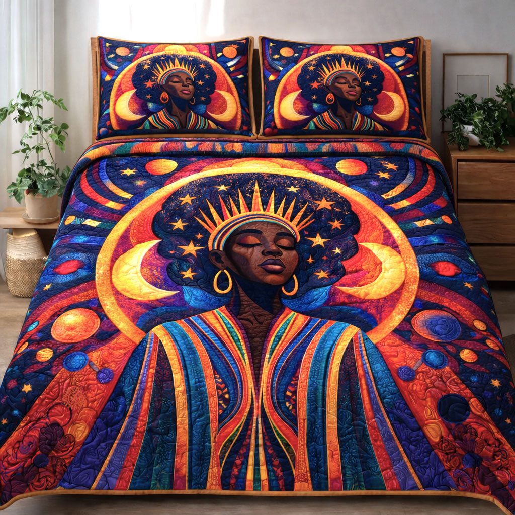 Black Queen quilted 3-piece bedding set on a made bed with two matching pillow shams