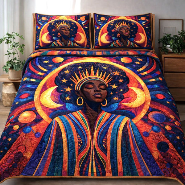 Black Queen quilted 3-piece bedding set on a made bed with two matching pillow shams