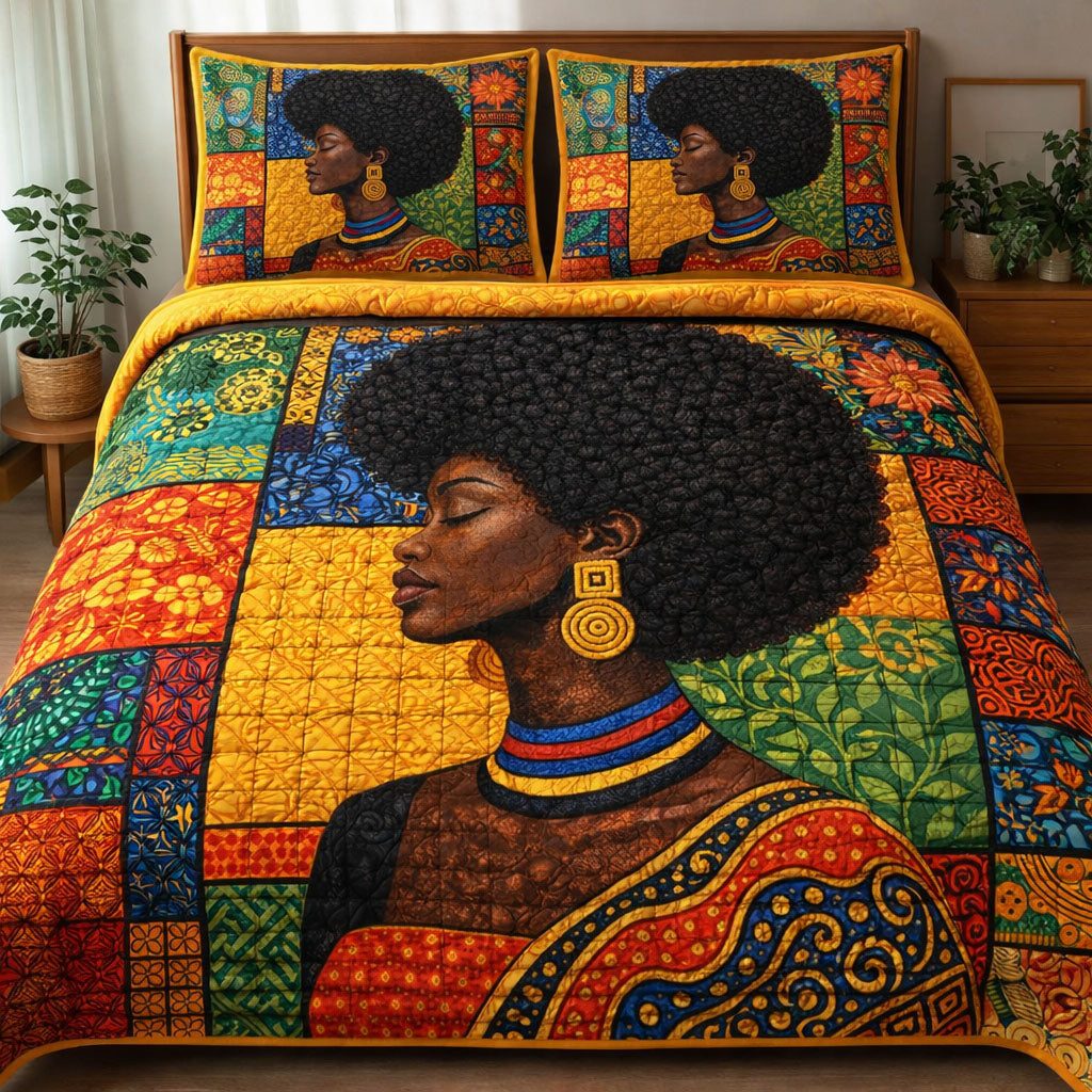 Black Queen quilted 3-piece bedding set on a made bed with two matching pillow shams