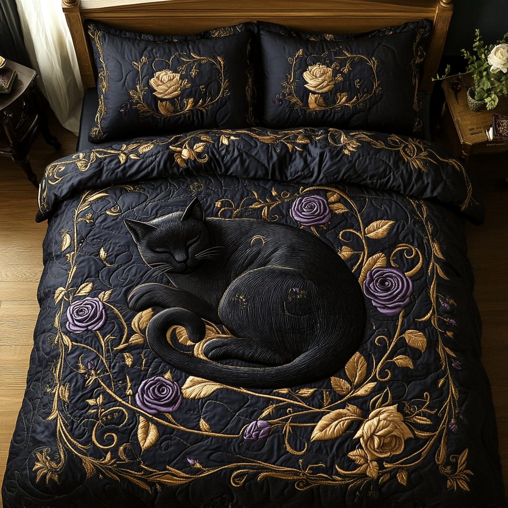 Black Rose Cat quilted 3-piece bedding set on a made bed with two matching pillow shams