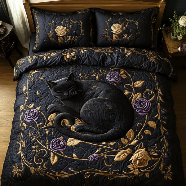 Black Rose Cat quilted 3-piece bedding set on a made bed with two matching pillow shams