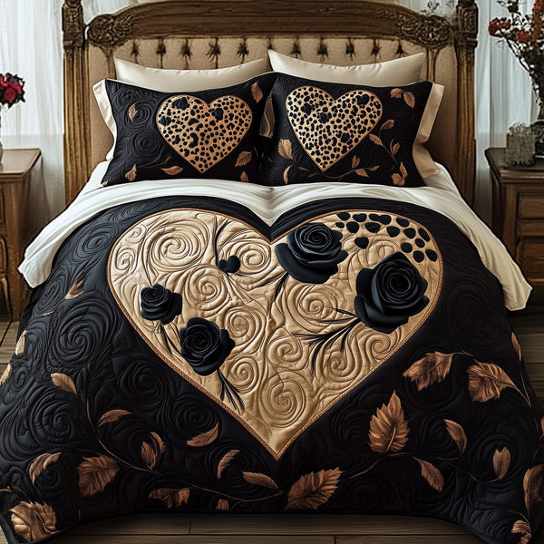 Black Rose quilted 3-piece bedding set on a made bed with two matching pillow shams