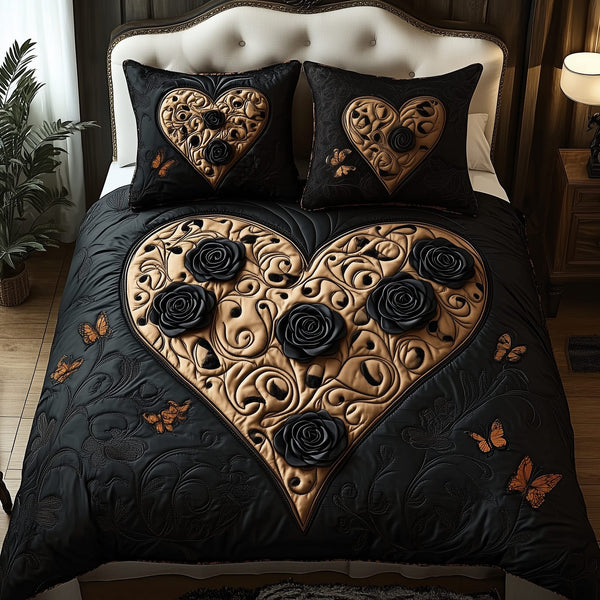 Black Rose quilted 3-piece bedding set on a made bed with two matching pillow shams