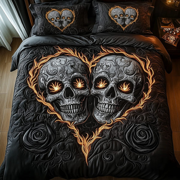 Black Skull Couple quilted 3-piece bedding set on a made bed against a dark styled interior
