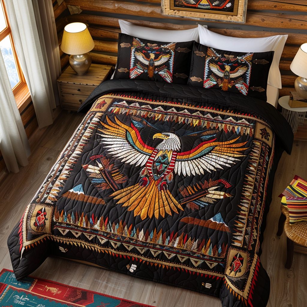 Black Sky Eagle quilted 3-piece bedding set on a made bed in a warmly lit bedroom