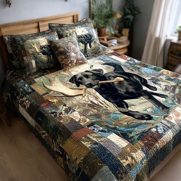 Black Thunder quilted 3-piece bedding set on a made bed with two matching pillow shams