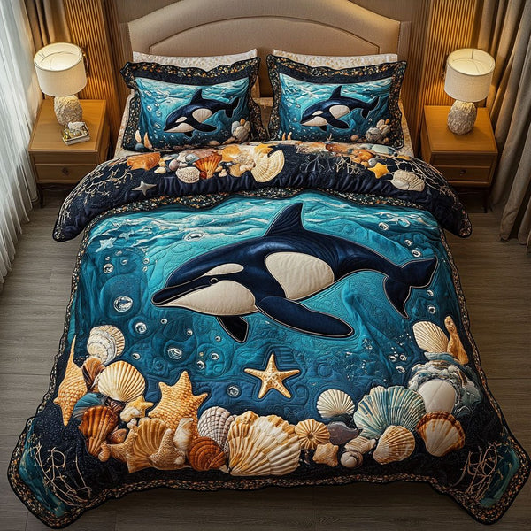 Black Wave Ballet quilted 3-piece bedding set on a made bed in a light coastal bedroom