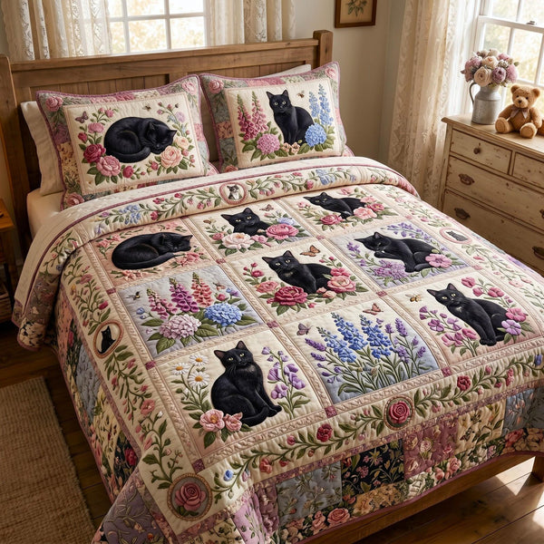 Black Whiskers quilted 3-piece bedding set on a made bed with two matching pillow shams