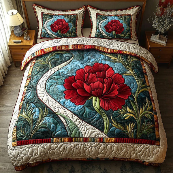 Blazing Blossoms quilted 3-piece bedding set on a made bed with two matching pillow shams