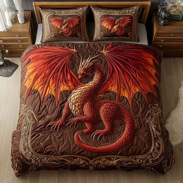 Blazing Majesty quilted 3-piece bedding set on a made bed with two matching pillow shams