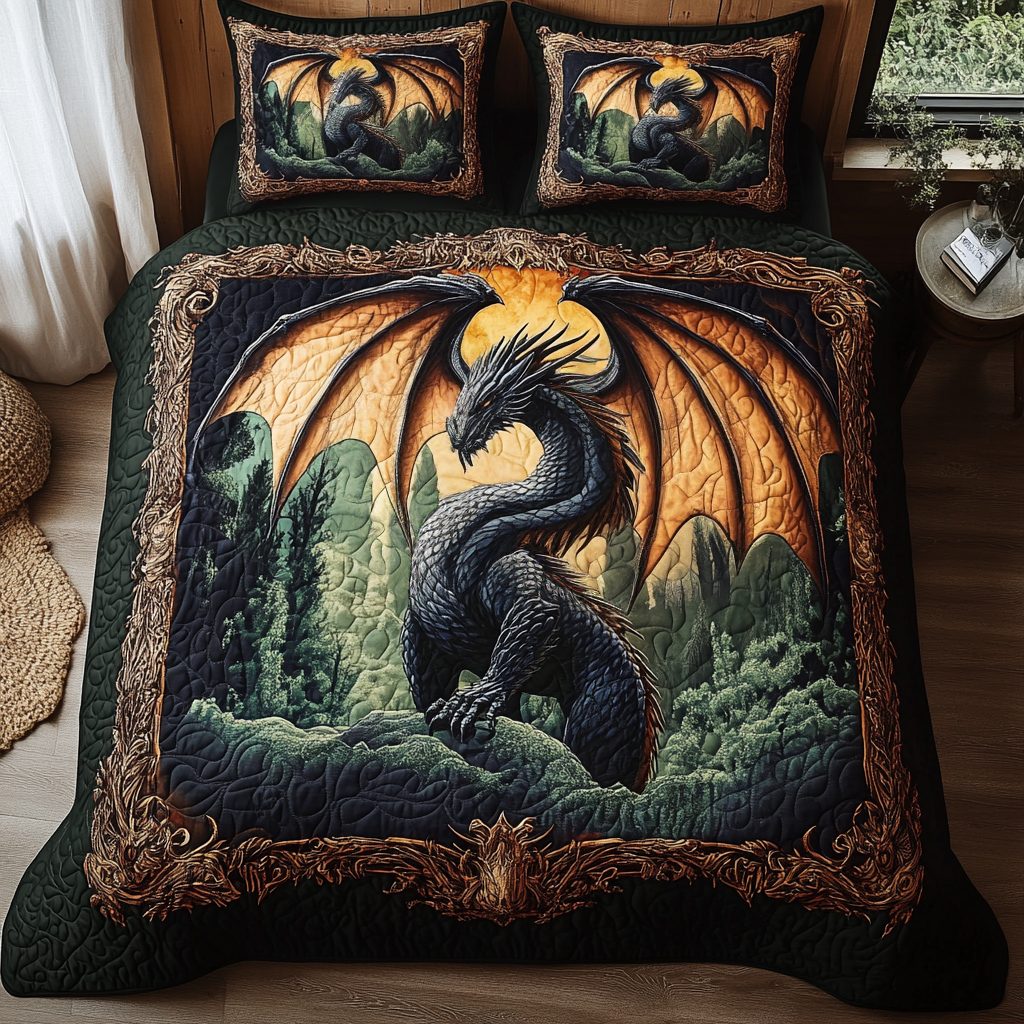 Blazing Majesty quilted 3-piece bedding set on a made bed with two matching pillow shams