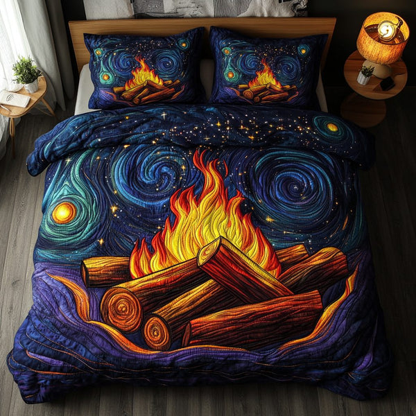 Blazing Spirit quilted 3-piece bedding set on a made bed with two matching pillow shams