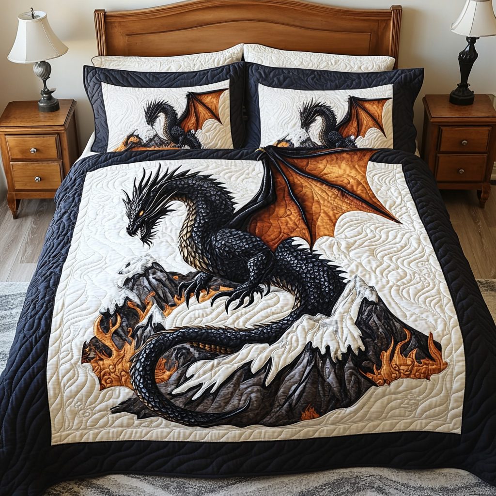 Blazing Wings quilted 3-piece bedding set on a made bed with two matching pillow shams