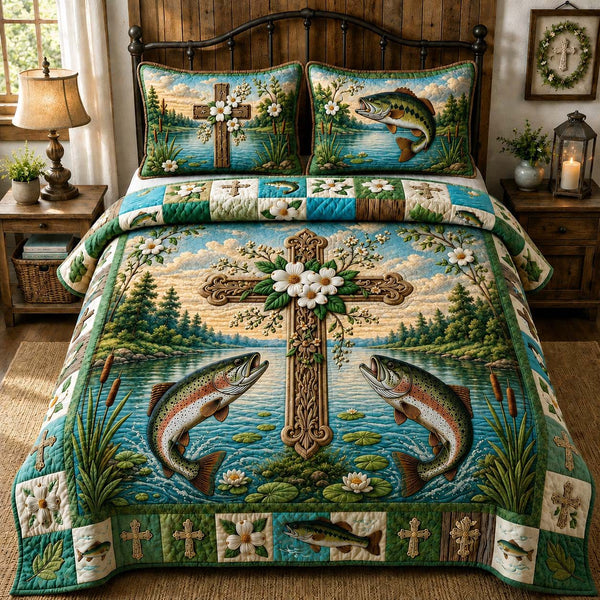 Blessed Bass Cross quilted 3-piece bedding set on a made bed in a softly lit bedroom