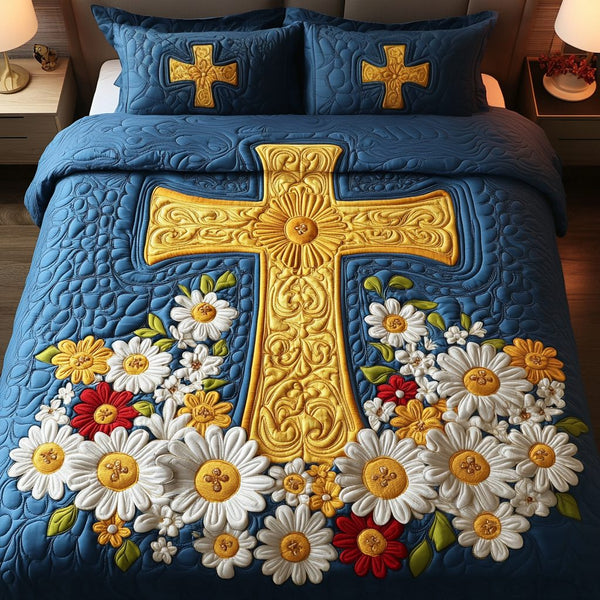 Blessed Bloom quilted 3-piece bedding set on a made bed in a softly lit bedroom